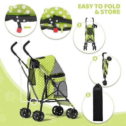 Magshion Compact Pet Stroller for Small-Medium Dogs/Cats up to 22lbs, 4-Wheel Lightweight Umbrella Shaped Portable Puppy Travel Jogger with Breathable Mesh, Cup Holder & Rear Storage, Lawn Green