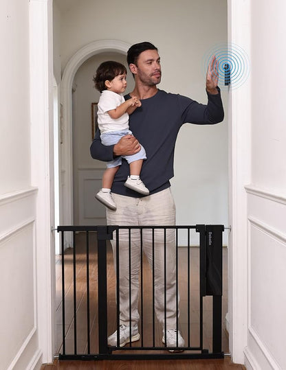 Babelio Smart Baby Gate with Auto-Unlock/Close, Pressure Mounted No Drill for Doorways/Top of Stairs. Pet/Dog Door Wide Walk Thru w/Infrared Sensor & Instant Safety Alert (Black, 30.3-47.2" W, 30" H)