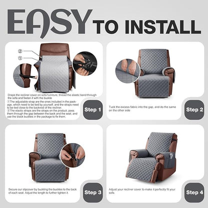 KinCam 100% Waterproof Recliner Chair Cover, Reclining Couch Covers for Pets, Dogs, Recliner Couch Slipcover Furniture Protector with Elastic Straps for Kids(30", Dark Gray)