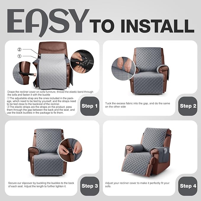 KinCam 100% Waterproof Recliner Chair Cover, Reclining Couch Covers for Pets, Dogs, Recliner Couch Slipcover Furniture Protector with Elastic Straps for Kids(25", Dark Gray)