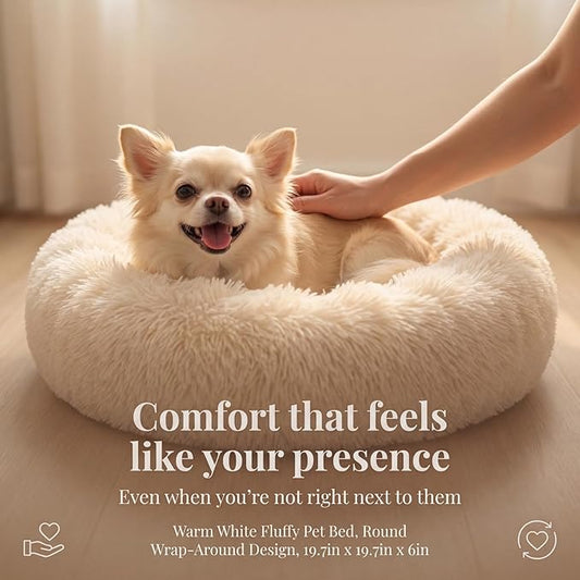 Calming Donut Dogs Beds for Small Dogs Washable,19inch Fluffy Round Puppy Bed for Puppies,Cats & Toy Breeds with Raised Rim,Fits up to 15 lbs Pets,Beige