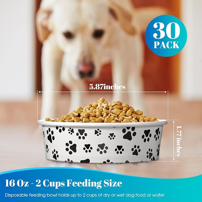 Potchen 30 Pieces Disposable Dog Bowls 16 oz Small Pet Feeding with Printed Pattern Dishes for Small Pet Paper Food Travel Bowls for Feeding Dogs and Cats Puppies Dry Wet Food Water