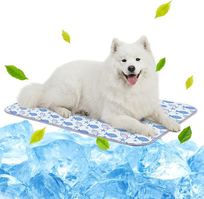 NWK Pack of 4 Pet Cooling Mat for Large Dogs -Q-Max>0.345 Ice Silk Cooling Mat for Dogs & Cats Portable & Washable Pet Cooling Blanket for Summer (4pcs, Purple Fish, 39'' X 27'' X 0.3'')