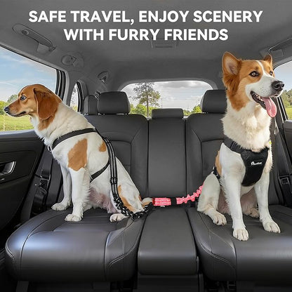 Pawaboo 2Pack Dog Seatbelt for Car, 3-in-1 Dog Car Seat Belt Bungee, Shockproof Dog Tether for Car with Buckle & Hook Latch, Adjustable Reflective Dog Harness Leash with 360° Lockable Buckle, Pink