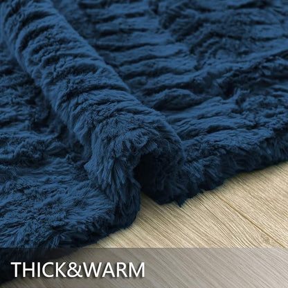 YUSOKI Luxury Faux Fur Throw Blanket(Without Pillows) 2 Layers,3lb,All Ages,Home Decoration, (Navy Blue,50" x 63")