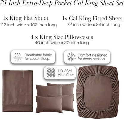 Southshore Fine Living, Inc. 6-Piece Cal King Sheet Set, 21-Inch California King Sheets Deep Pocket, Fitted and Flat Sheet Set, Chocolate Brown Pillow Cases Standard Size, Chocolate Brown Sheets