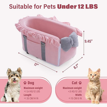 Jaoul Dog Car Seat for Small Dogs - Fully Detachable with Adjustable Straps Center Console Dog Car Seat - Comfortable Bow Design Pet Seats - Portable Pet Booster for Puppy, Cat (Pink Gray)