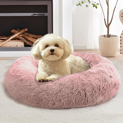 JOLLYVOGUE Calming Dog Beds Large Sized Dog, 36in Donut Washable Large Pet Bed, Anti-Slip & Anti-Anxiety Fluffy Faux Fur Round Dogs Bed, Fits up to 80 lbs Pets (Dark Pink)