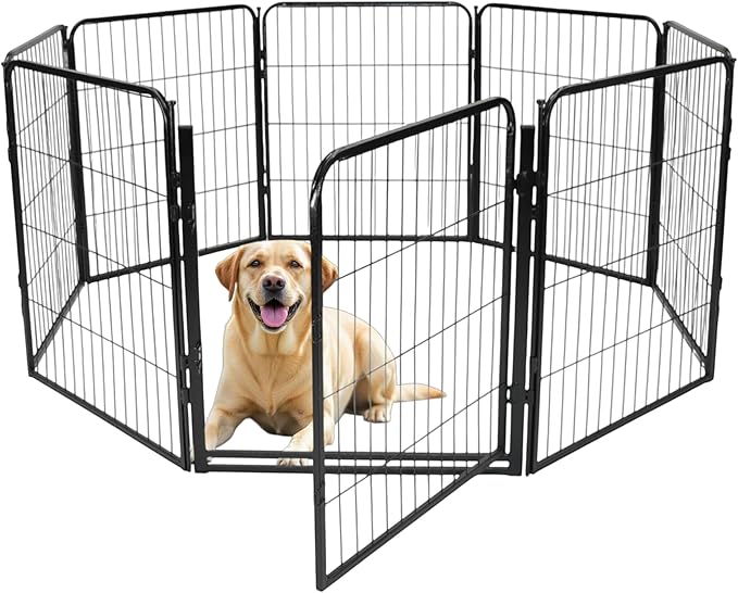 Dog Playpen - 32 inch, 8 Panel Portable Black Metal Pet Play Pen for Small and Medium Dogs - Indoor/Outdoor Kennel Cage | Anti-Rust Tool Free Setup for Home, Yard, RV, or Camping