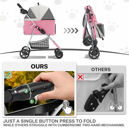 MoNiBloom 3 in 1 Foldable Pet Stroller for Small & Medium Dogs, Detachable Carrier, Car Seat, Push Button Entry, 4-Wheel Jogger for Pets up to 33 lbs, Pink
