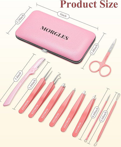 MORGLES Eyebrow Tweezers for Women Facial Hair, 10 in 1 Eyebrow Kit with Pimple Popper and Blackhead Remover Tools, Precision Ingrown Hair Tweezers Set with Travel Bag, Grooming Beauty Set