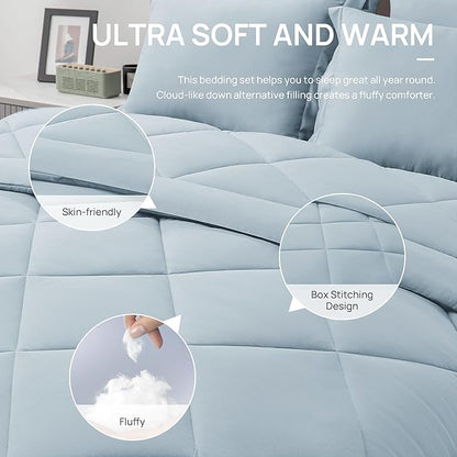 Love's cabin Twin Comforter Set Light Blue, 5 Pieces Twin Bed in a Bag, All Season Bedding Sets with 1 Comforter, 1 Flat Sheet, 1 Fitted Sheet, 1 Pillowcase and 1 Pillow Sham