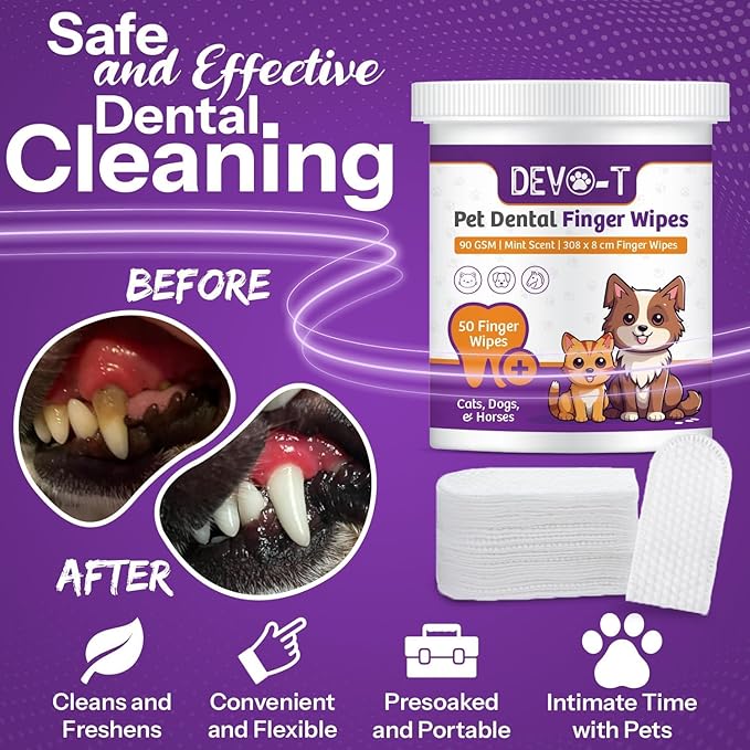 DEVO-T 100% Natural Dog Teeth Cleaning Wipes Unscented | 100 Count | Pet Teeth Cleaning Finger Wipes for Dogs, Cats & Horses | Remove Bad Breath, Plaque & Tartar Buildup | Dog Dental Wipes Finger
