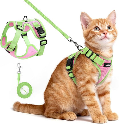rabbitgoo Cat Harness and Leash Set, Escape Proof Soft Adjustable Vest Harnesses for Outdoor Walking, Easy Control Breathable Kitten Jacket with Reflective Strips, Pink & Light Green, XS