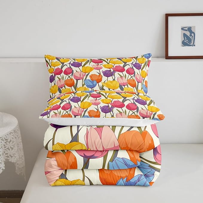 Erosebridal Rainbow Flower Bedding Sets Twin Colorful Floral Comforter Chic Girly Tulip Duvet Insert Botanical Leaf Bedding Bedding Set Girls Women Lady Duvet Insert Home Décor Microfiber