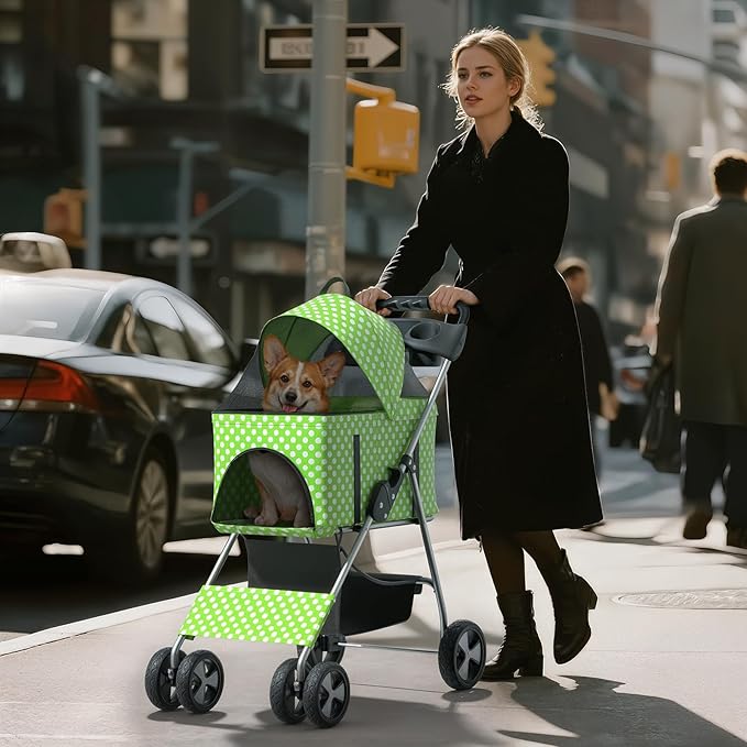 3-in-1 Visible Foldable Pet Carrier, Detachable Car Seat and Stroller with Push Button Entry for Small Pets, Cat Dog Carrier for Medium Dogs Cats, Load Up to 33 lbs, Green Polka Dots