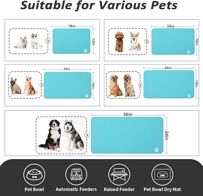 HotLive Dog Food Mat - Absorbent Cat Mat for Food and Water, No Stains Pet Feeding Bowl Mat, Easy to Clean Pet Placemats, Quick Dry Dog Water Dispenser Mat for Messy Drinkers | Paw Teal 16"x 24"