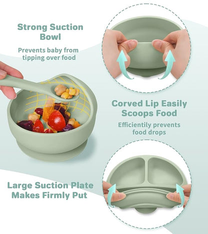 Silicone Baby Feeding Set, 10 Pcs Baby Led Weaning Supplies Baby Eating Essentials Set with Suction Bowl Divided Plate Adjustable Bib Soft Spoon Fork Cup with Lid Drinking Cup, Travel Bag (Green)