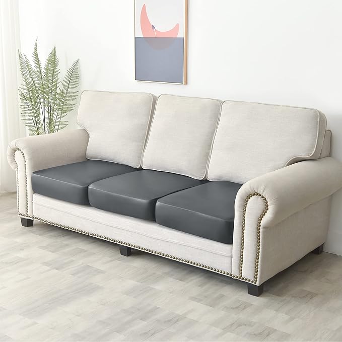 Yates Home PU Leather Couch Sofa Cushion Slipcover Water-Proof Elastic Chair RV Seat Covers Loveseat Sofa Furniture Protector Slip Cover for Settee Seater Replacement Living Room（3 Pieces, Gray）