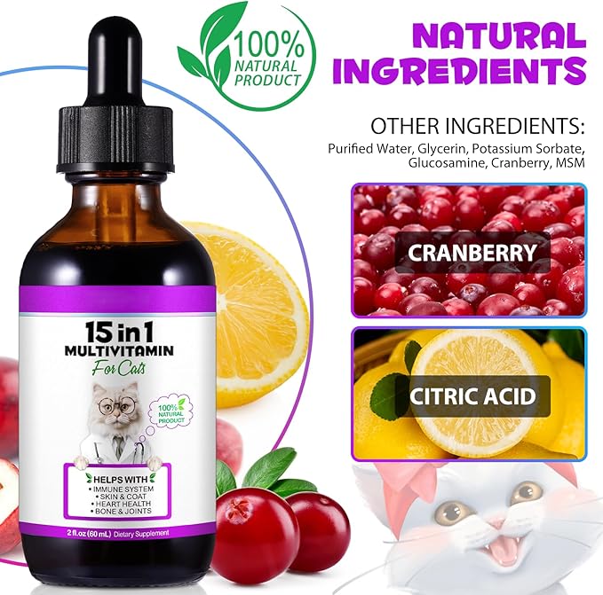 2PCS Liquid Multivitamin for Cat, 15 in 1 Cats Multivitamin Liquid Drops Supplements for Skin & Coat, Heart Health, Bones and Joint, Cat Vitamins with Glucosamine and MSM, Immune System Support