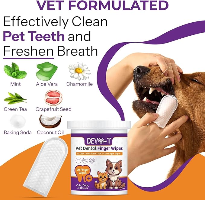 DEVO-T 100% Natural Dog Teeth Cleaning Wipes Mint Scented | 50 Count | Pet Teeth Cleaning Finger Wipes for Dogs, Cats & Horses | Remove Bad Breath, Plaque & Tartar Buildup | Dog Dental Wipes Finger