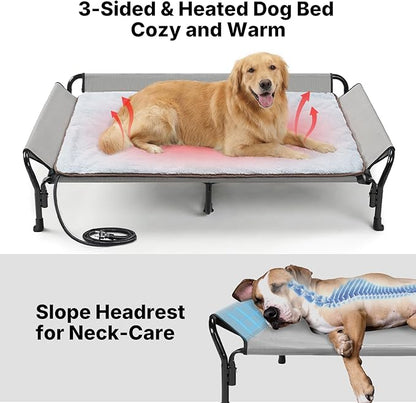 Veehoo Elevated Dog Bed with Plush Heated Mat, Raised Dog Bed with Waterproof Heating Pads for Cats & Dogs Outdoor Indoor, Heated Dog Sofa Bed with Power Line Protection Tube, 50.4" x 33.5", Grey