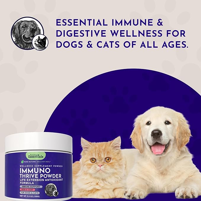 Animal Essentials Immuno-Thrive Wellness Powder for Dogs & Cats - All Natural Immune Support for Pets, Mushroom Blend, Promotes Healthy Skin & Coat, Life Extension Antioxidant Formula - 5.3 oz