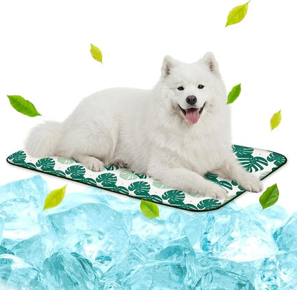 NWK Pack of 4 Pet Cooling Mat for Large Dogs -Q-Max>0.345 Ice Silk Cooling Mat for Dogs & Cats Portable & Washable Pet Cooling Blanket for Summer (4pcs, Green Leaf, 39'' X 27'' X 0.3'')