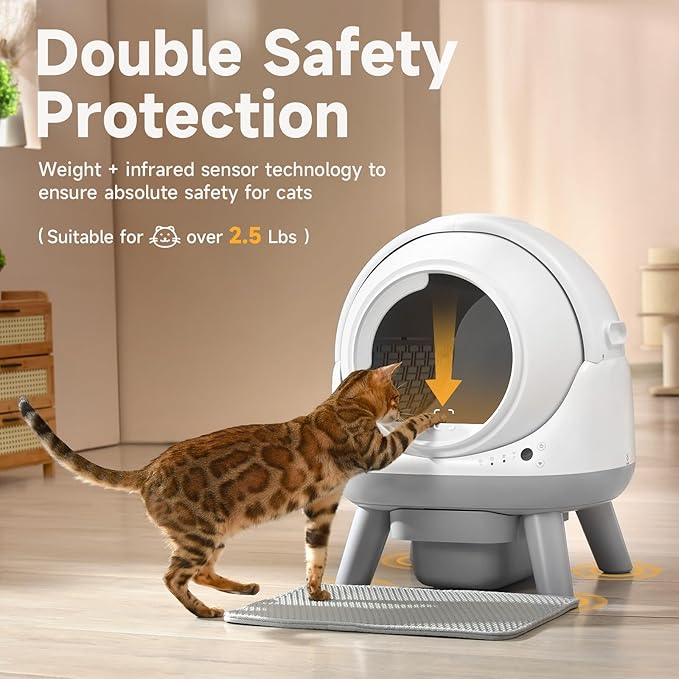 Self Cleaning Litter Box for Multiple Cats, G1 Automatic Litter Box with Smart APP Control & Health Monitoring, Includes 2 Roll Trash Bags and Litter Mat (White-Grey)