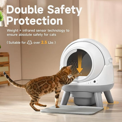 Self Cleaning Litter Box for Multiple Cats, G1 Automatic Litter Box with Smart APP Control & Health Monitoring, Includes 2 Roll Trash Bags and Litter Mat (White-Grey)