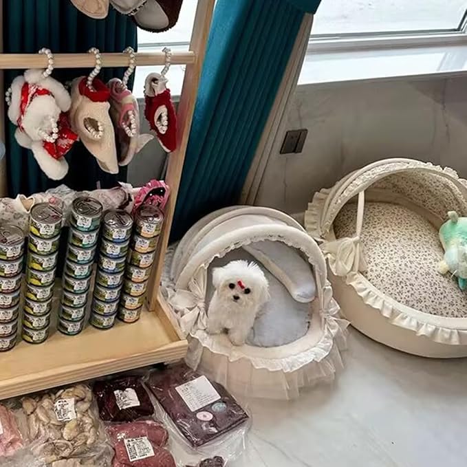 Elegant Pet Bed with Ruffles, Cradle Bed for Small Dogs Puppy Kitten Luxury Bed Sofa (L 25.6''Lx21.7''Wx17.3''Th, Fluffy GrayPlaid)