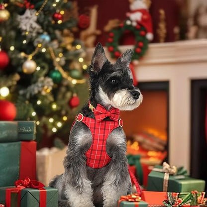 Beirui Cute Extra Small Dog Harness Collar and Leash Set with Bowtie, Soft Adjustable Plaid Puppy Harness for Small Sized Dogs Cats Walks Parties and Photoshoots(Red,XS:Chest 13-18")