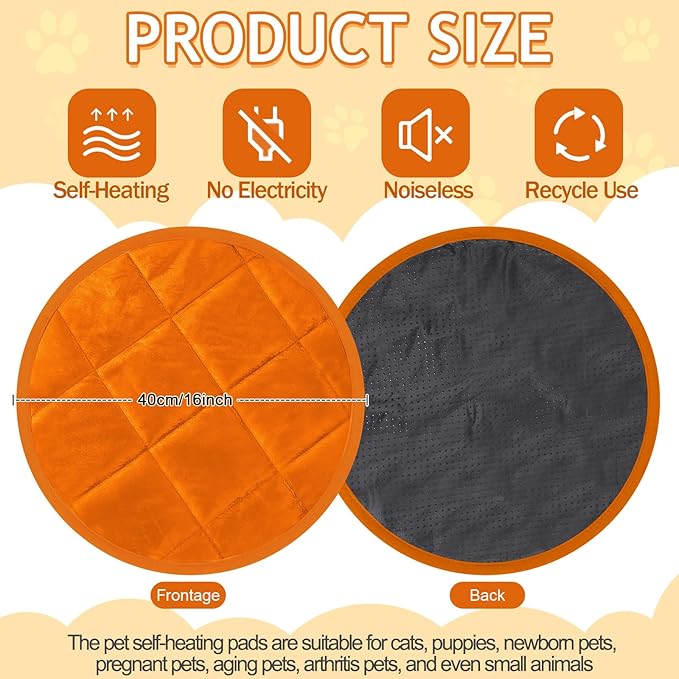 Drydiet 2 Pcs Self Warming Cat Mat Round Self Heating Pad Bed Reversible Machine Washable Heated Bed Anti Slip Warming Pad Pet Mat for Cat Crate Indoor Outdoor(Orange,16 Inch)