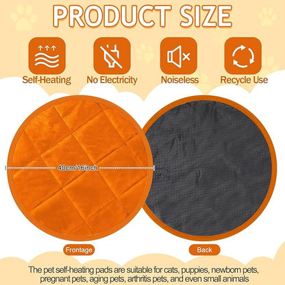 Drydiet 2 Pcs Self Warming Cat Mat Round Self Heating Pad Bed Reversible Machine Washable Heated Bed Anti Slip Warming Pad Pet Mat for Cat Crate Indoor Outdoor(Orange,16 Inch)