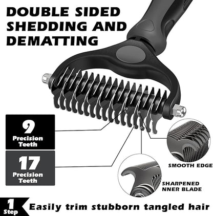 3PCS Self Cleaning Slicker Brush & Pet Grooming Rake & Flea Comb for Dogs,Cats and Horses | Double-Sided Dematting Comb & Skin Friendly Deshedding Grooming Tool | Premium Pet Supplies（Gray)