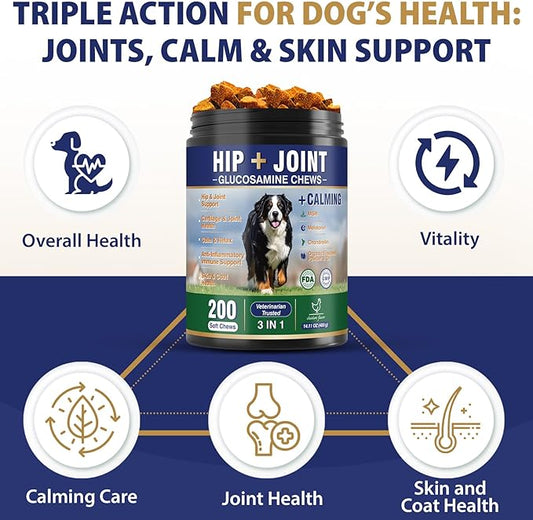 Hip and Joint Supplement for Dogs 200 Dog Calming Chews with Glucosamine, Chondroitin, Msm, Omega3, Melatonin for Senior Dogs Anxiety Pain Relief Anti Inflammatory Small/Medium/Large Dog -Chicken