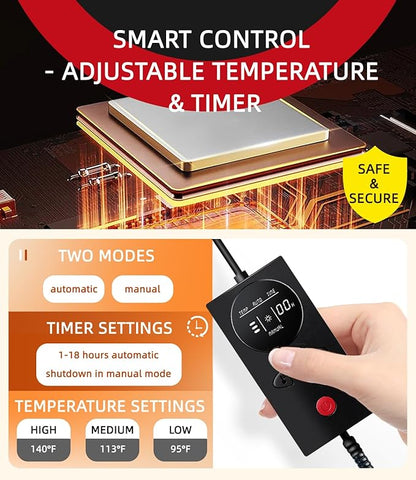 Pressure Activated Pet Heating Pad 29 x 20,Gravity Sensing,Automatic or Manual Mode,Heated Dog Bed with Timer,Adjustable Temperature,Chew Resistant Cord,Waterproof & Washable Heated Pet Bed Mat