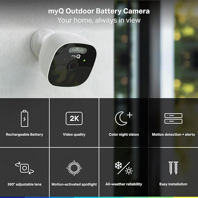 myQ Outdoor Battery Camera | 2K Camera, Color Night Vision, Spotlight, Motion Alerts, Live View with Two-Way Talk, Wireless, Weather-Resistant, Outdoor, White, 3 Pack