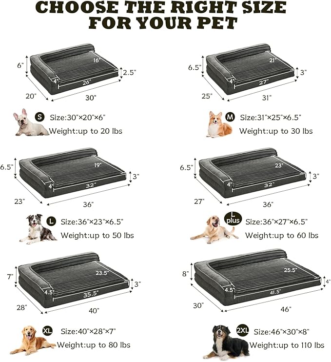 WINDRACING Orthopedic Dog Beds for Large Dogs 40x28 inch, L Shape Waterproof Dog Bed with Bolster Sides, Washable Big Pet Bed with Removable Cover & Non-Slip Bottom, Gray