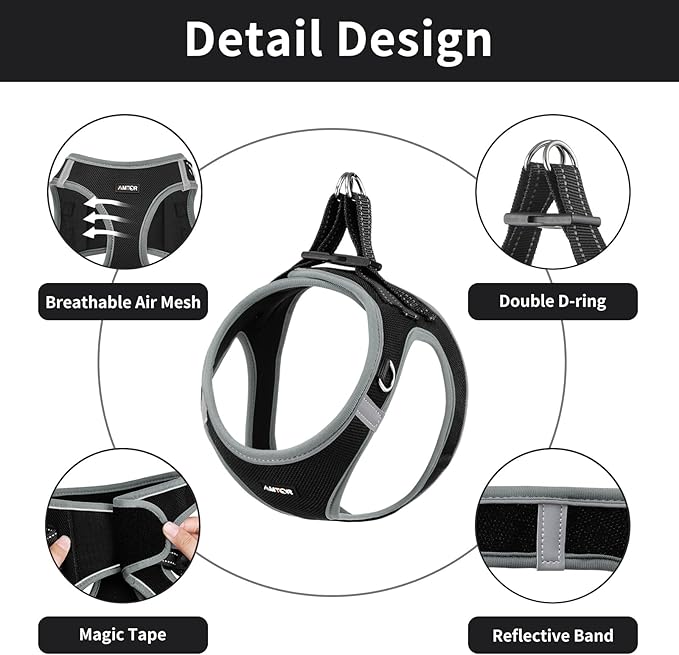 AMTOR Small Dog Harness with Leash Set, No Escape Easy Walk Puppy Harnesses for Training Walking, Step-in Reflective Soft Dogs Vest for XS S Medium Extra-Small Large Sized Dog(XS,Black/Grey)