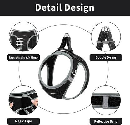 AMTOR Small Dog Harness with Leash Set, No Escape Easy Walk Puppy Harnesses for Training Walking, Step-in Reflective Soft Dogs Vest for XS S Medium Extra-Small Large Sized Dog(XS,Black/Grey)