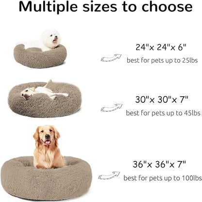 HACHIKITTY Calming Donut Cuddler Dog Bed, Round Fluffy Pet Bed with Sewn-in Cushion for Large Dogs,Washable, Taupe, XLarge 36''