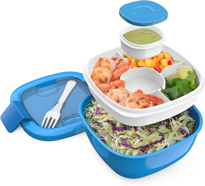 Bentgo Salad Container - 54 oz Bowl with 4-Compartment Toppings Tray, Leak-Proof Dressing Container, Reusable Fork, BPA-Free Lunch Box for Meal Prep & Food Storage; Removable Bento Tray (Blue)