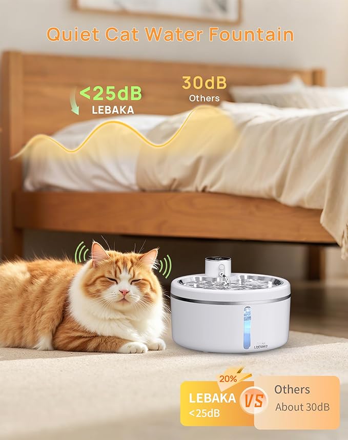 Wireless Cat Water Fountain with Stainless Steel Tray, 84oz/2.5L Pet Fountain for Cats Inside, Cat Fountain for Drinking with Motion Sensor, Ultra Quiet Pump for Pets&Small Animals (84oz+2Filters)