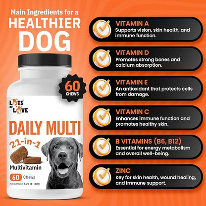 Dog Multivitamin Chewable - LotsOfLove Daily Multi Dog Chews (60 Count) - Dog Multi Vitamin & Supplement Chews for Small, Medium & Large Dogs