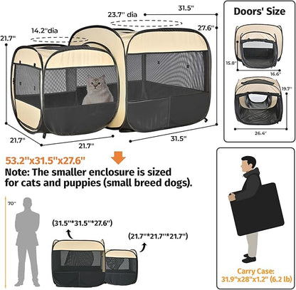 EighteenTek® 2-in-1 Portable Cat Playpen(End Doors), Pop up Kitten Playpen, Assembly-Free, Pet Tent Crates Kennel Cage Enclosure for Dog Puppy Indoor Outdoor(Beige)(No Divider, Unified Space)