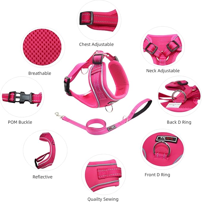 THAIN Reflective Dog Harness & Leash Set – No-Pull Design, Adjustable & Comfortable for Small Dogs (S, Solid Rose red)