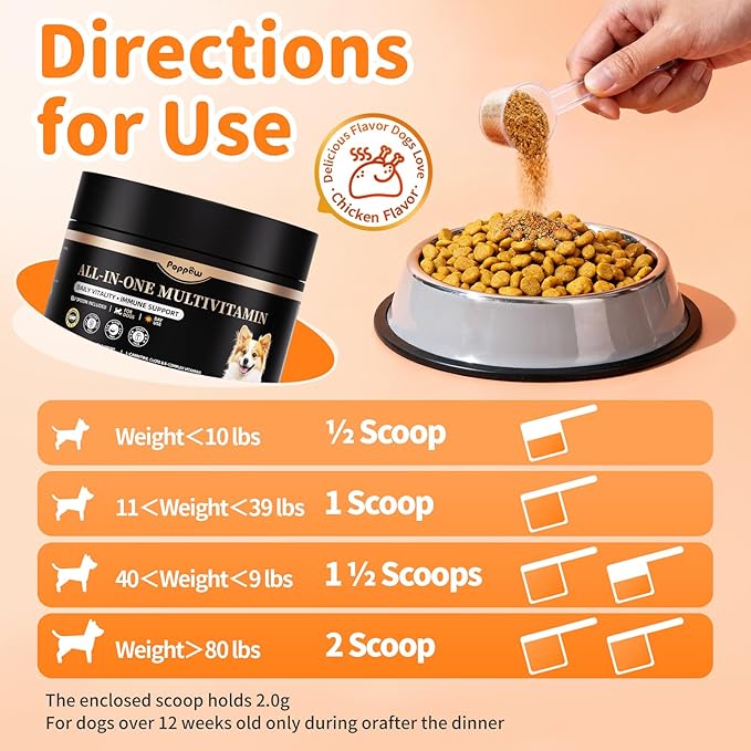 Dog Vitamins and Supplements for Daily Energy, Immune, Antioxidant, Gut, Skin & Coat, Dog Multivitamin Powder for Homemade Food with L-Carnitine, Taurine, Probiotics - Chicken Flavor, 75 Scoops