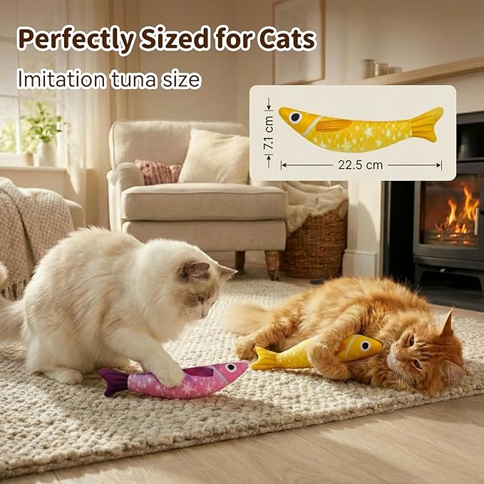 Catnip Toys for Indoor Cats with 5000mg Natural 2 Pack Fish Cat Toys with Hidden Bell Interactive Chew Kicker Toy with Crinkle Paper for Kitten Exercise Yellow Purple