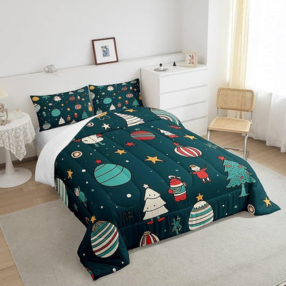 Erosebridal Merry Christmas Full Comforter Cartoon Snowman Bedding Set for Child Toddler Dark Green Duvet Insert Sparkling Stars Bed Set Xmas Tree Quilted Duvet Soft Cozy Home Decorative 3 Piece